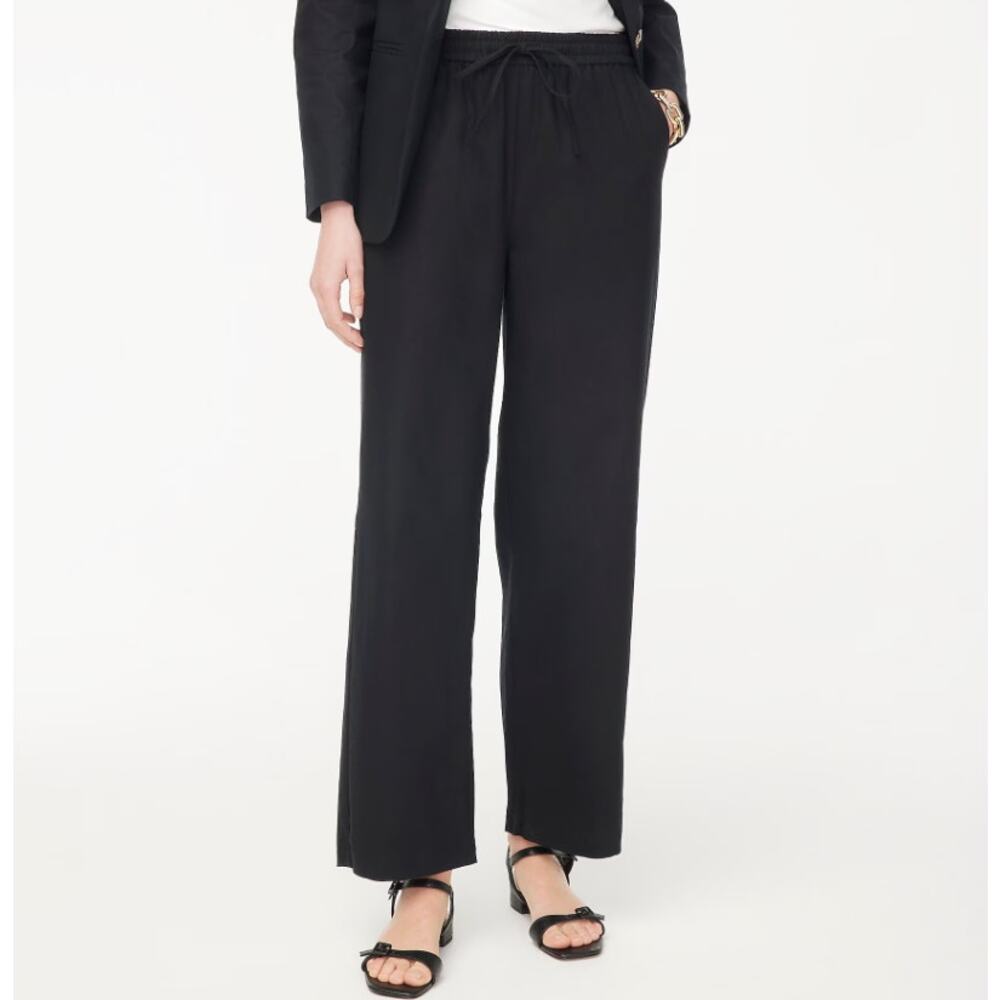 J.Crew Linen Blend Slim Wide Leg Drawstring Pant Sz 12 Black Pull On Relaxed Fit